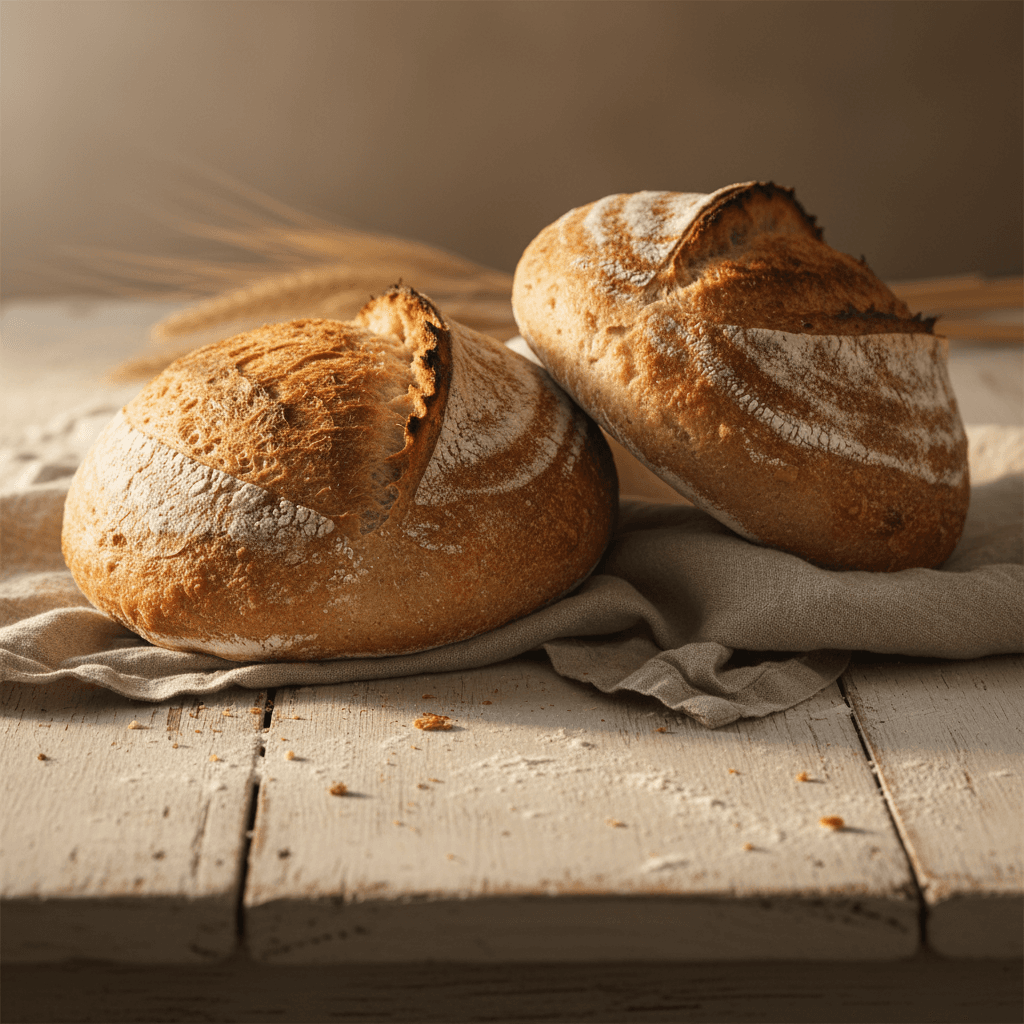 Two rustic sourdough boules with golden amber crusts on a linen cloth over weathered cream wood in soft morning light